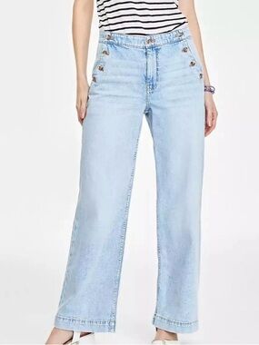 CRE SAILOR Nautical Coastal Button Front Pocket Detail Wide Leg High Rise Jean 2